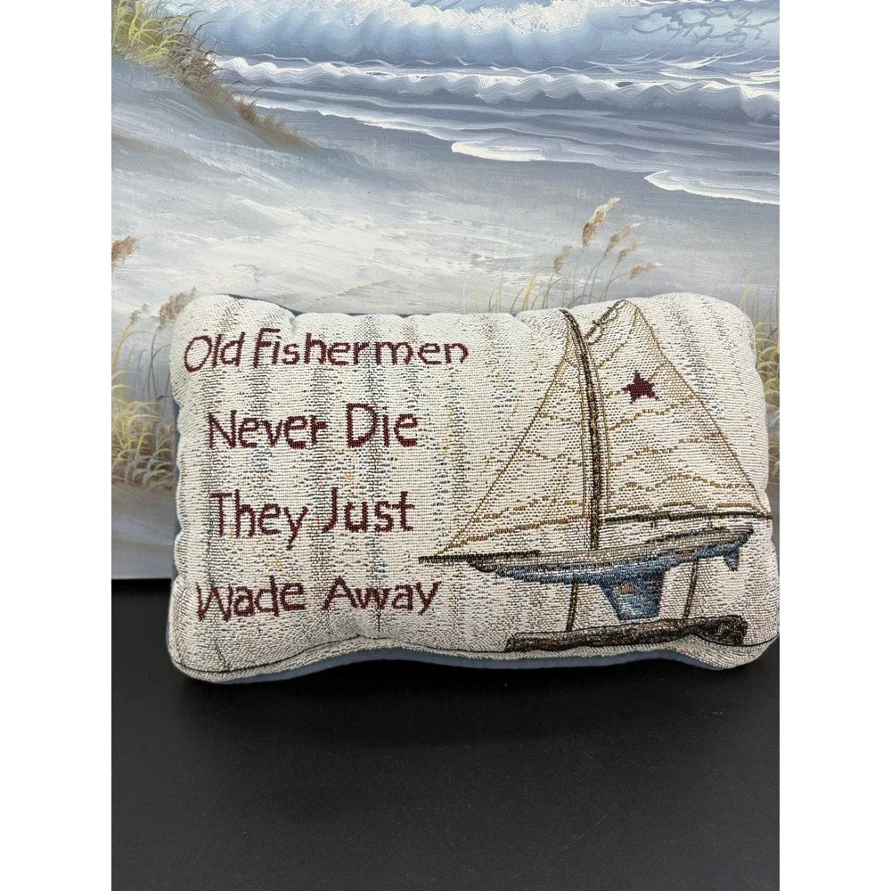 Old Fishermen Never Die Sailboat Tapestry Accent Pillow Blue Nautical Decor
